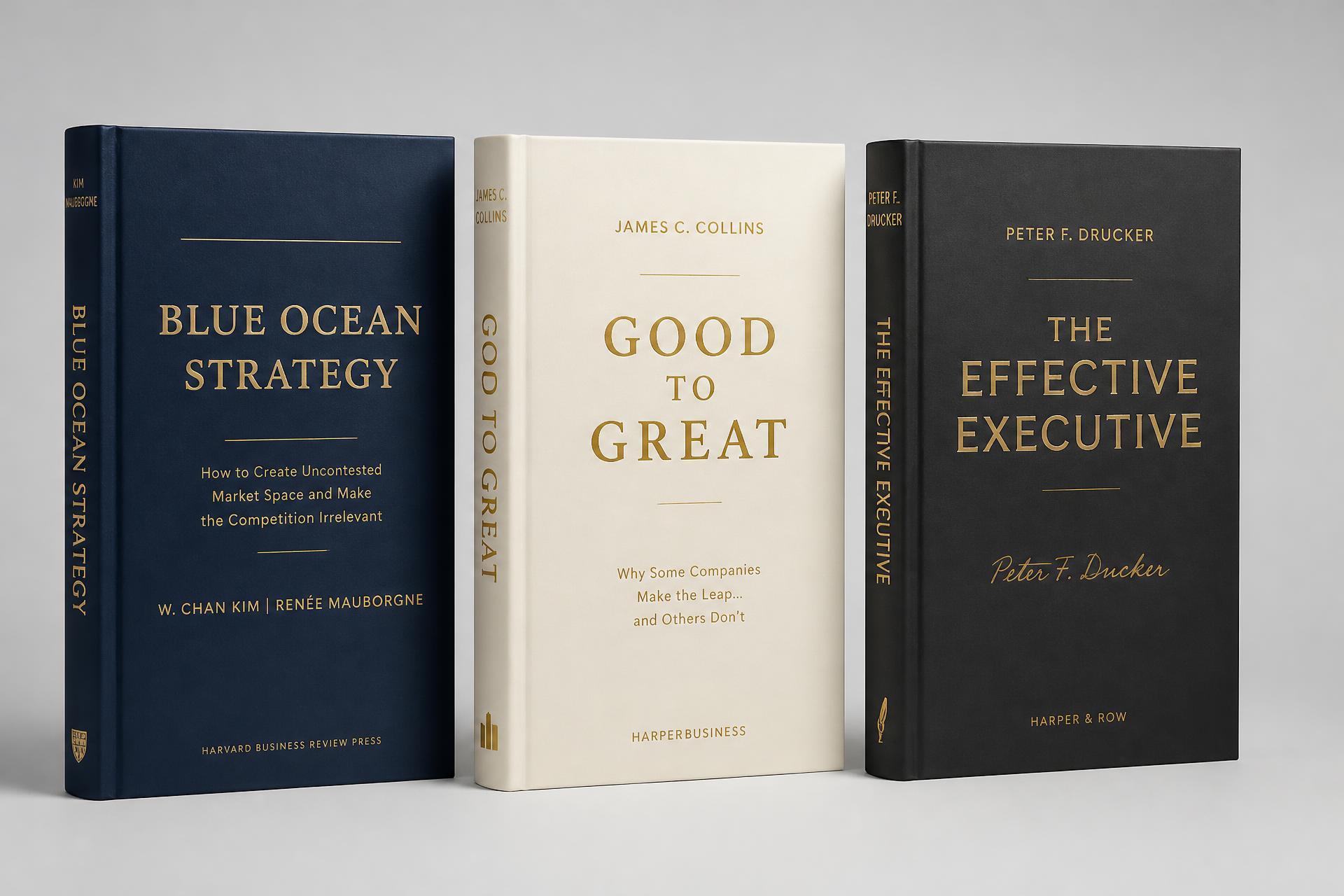 Three premium hardback business books standing side by side