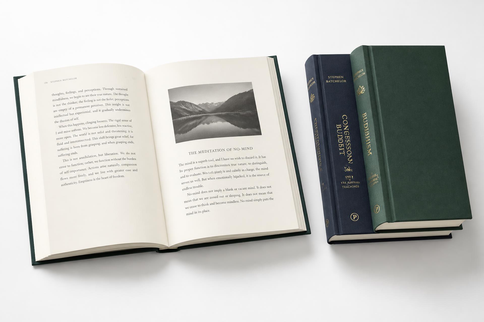 An open hardback beside two clothbound editions